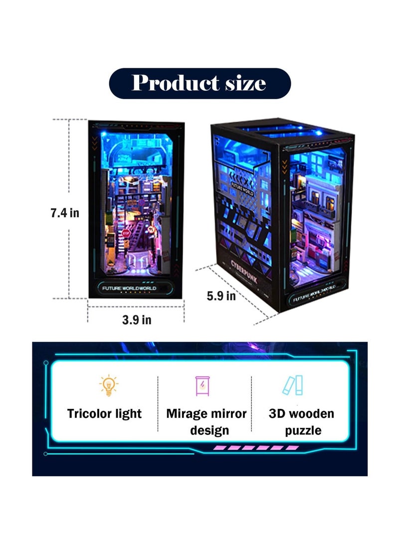 DIY Book Corner Kit, 3D Wooden Puzzle Book Corner, Decorative Bookends, Bookshelf Insert Decorative Alley with Furniture and LED Lights for Birthday Home Desk Decoration (Near future) - Image 2